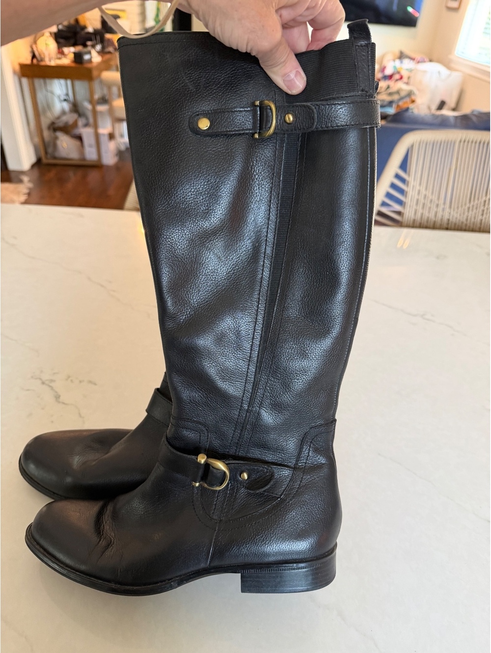 Naturalizer Women's Black Leather Knee-High Riding Boots with Buckle Detail